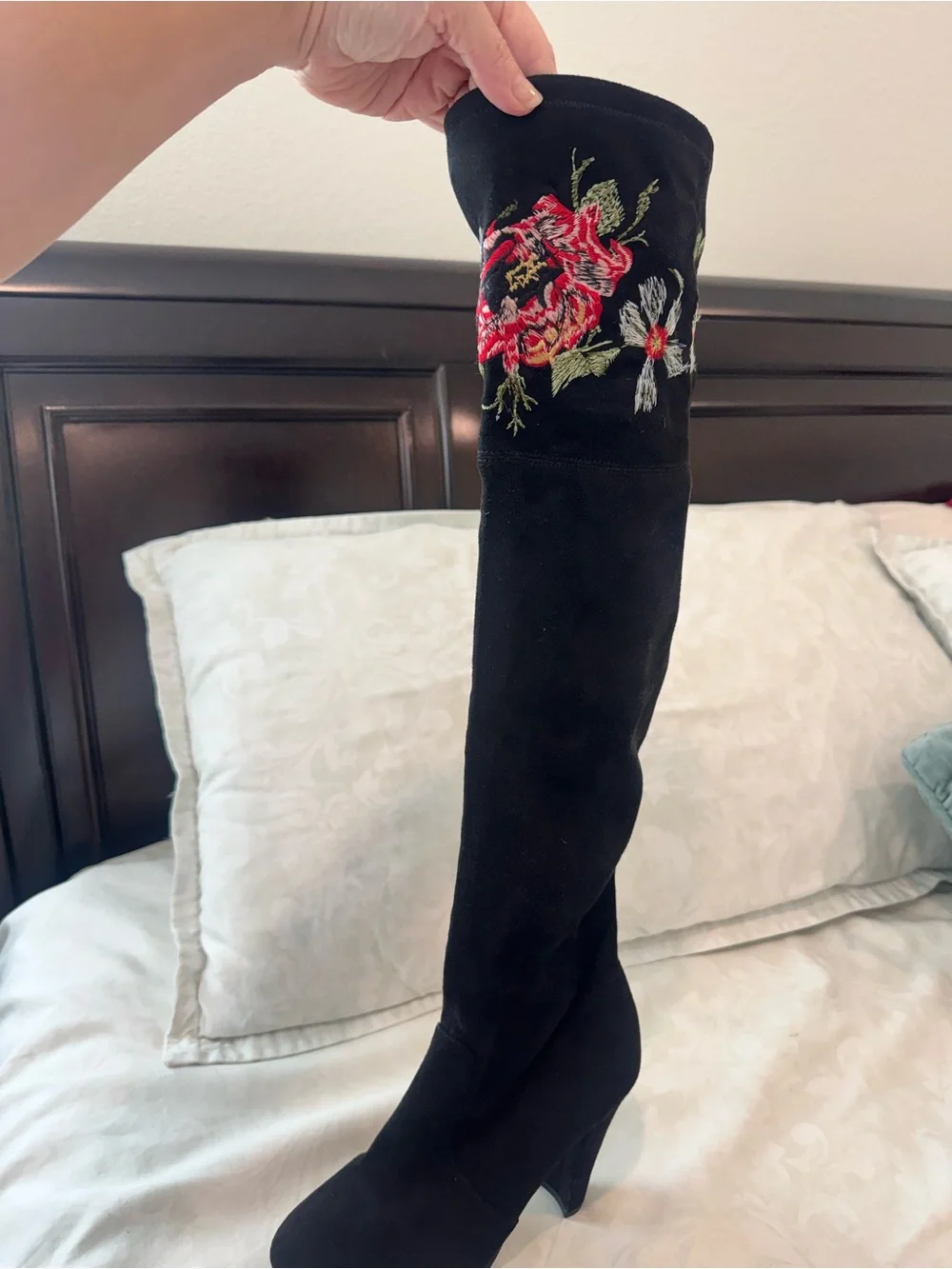 Over the knee micro suede boots with sophisticated floral embroidery